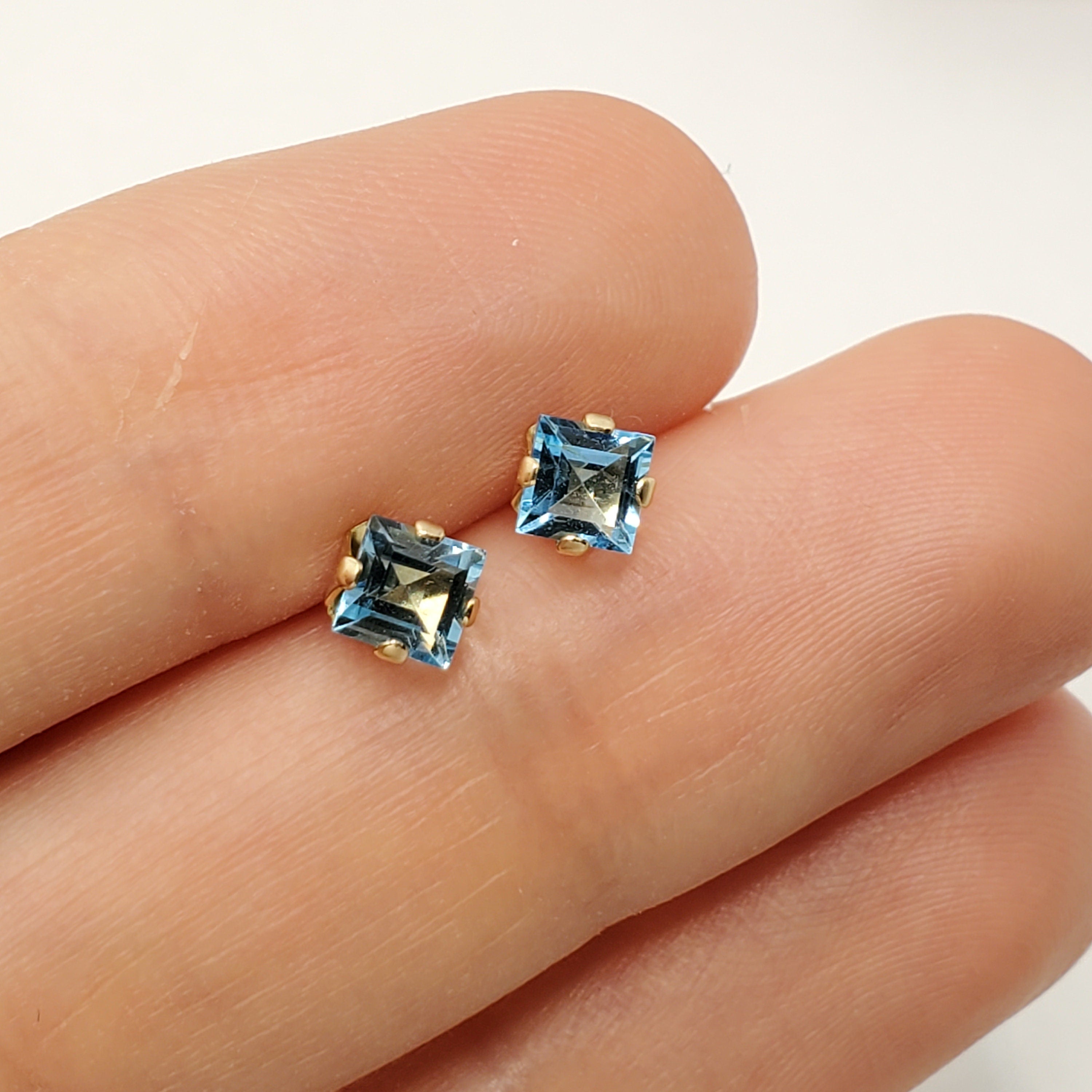 Gold Blue Topaz Earrings, 10K Yellow Gold Genuine Square Blue Topaz 4x4mm Stud Earrings, December Birthstone, Blue Gemstone Jewelry For Her
