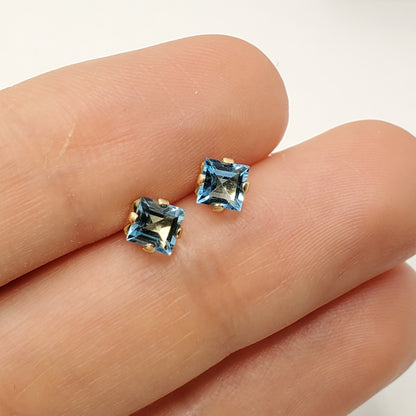 Gold Blue Topaz Earrings, 10K Yellow Gold Genuine Square Blue Topaz 4x4mm Stud Earrings, December Birthstone, Blue Gemstone Jewelry For Her