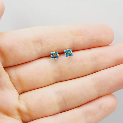Gold Blue Topaz Earrings, 10K Yellow Gold Genuine Square Blue Topaz 4x4mm Stud Earrings, December Birthstone, Blue Gemstone Jewelry For Her