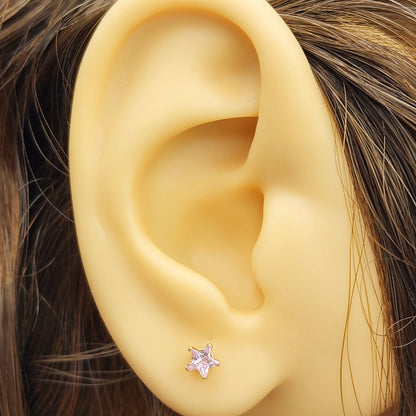 Cubic Zirconia Star stud Earrings, 14K Yellow Gold Pink Cubic Zirconia Stud Earrings, Earrings for her, Gift for her