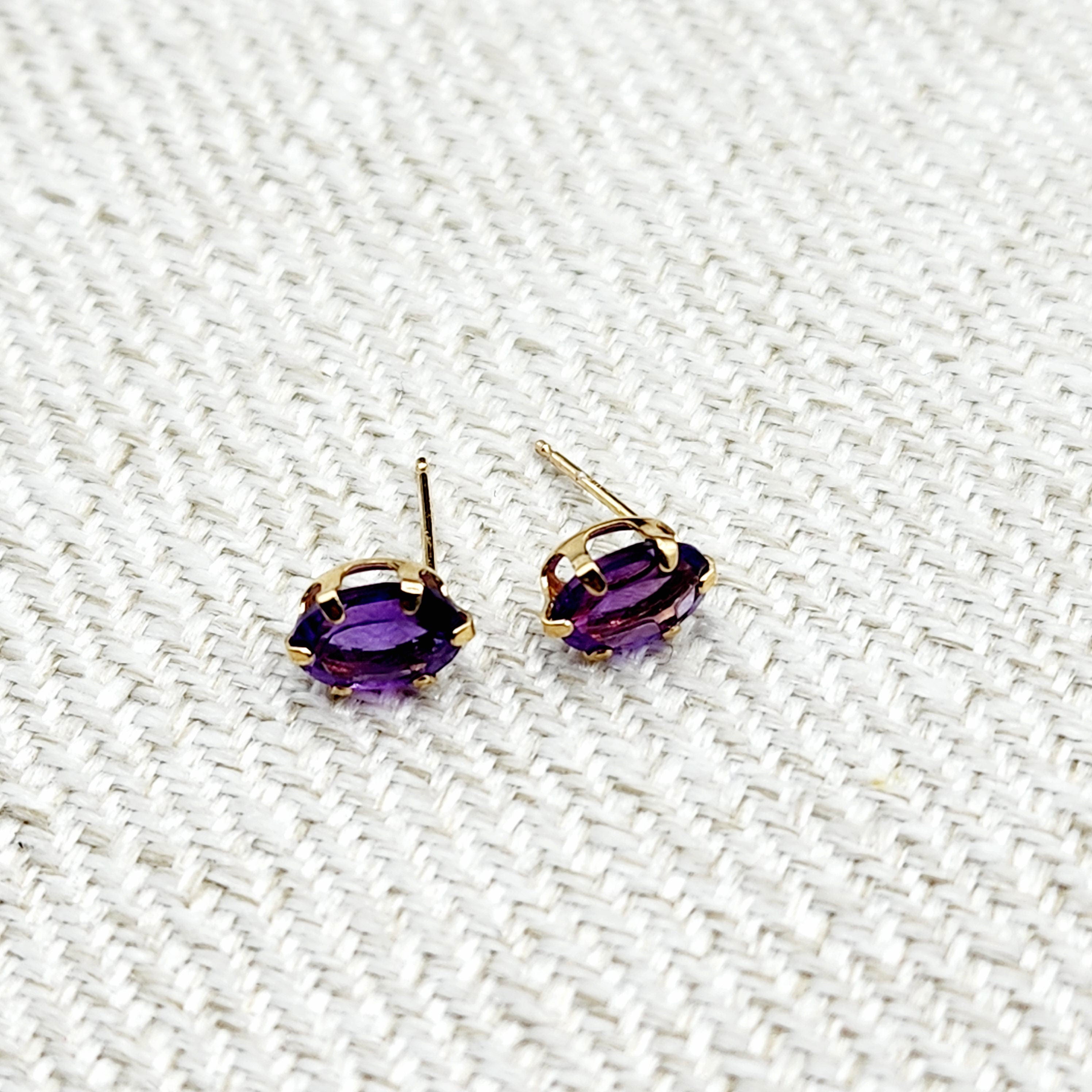 Gold Amethyst Stud Earrings | 10K Yellow Gold Genuine Amethyst 7x5mm Stud Earrings, February Birthstone, Purple Gemstone Jewelry