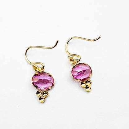 14K Yellow Gold Pink Topaz Drop Wire Earrings, Dainty Drop & Dangle Natural Gemstone Earrings, Birthstone Gift Dangle Earrings for Women