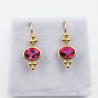 14K Yellow Gold Pink Topaz Drop Wire Earrings, Dainty Drop & Dangle Natural Gemstone Earrings, Birthstone Gift Dangle Earrings for Women