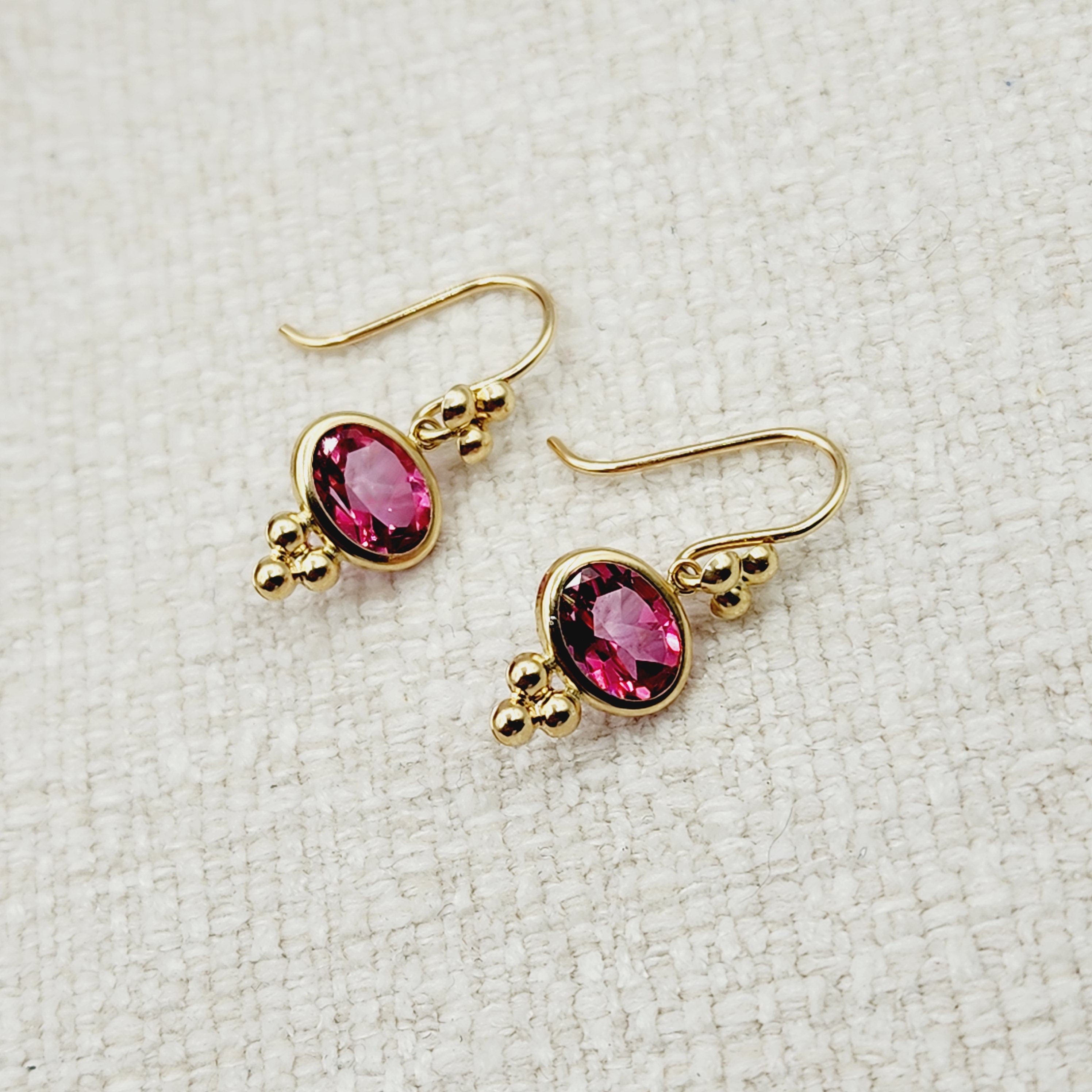 14K Yellow Gold Pink Topaz Drop Wire Earrings, Dainty Drop & Dangle Natural Gemstone Earrings, Birthstone Gift Dangle Earrings for Women