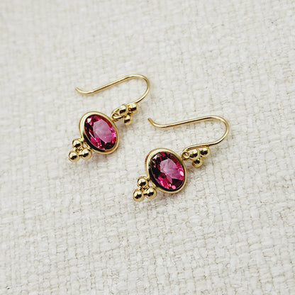 14K Yellow Gold Pink Topaz Drop Wire Earrings, Dainty Drop & Dangle Natural Gemstone Earrings, Birthstone Gift Dangle Earrings for Women