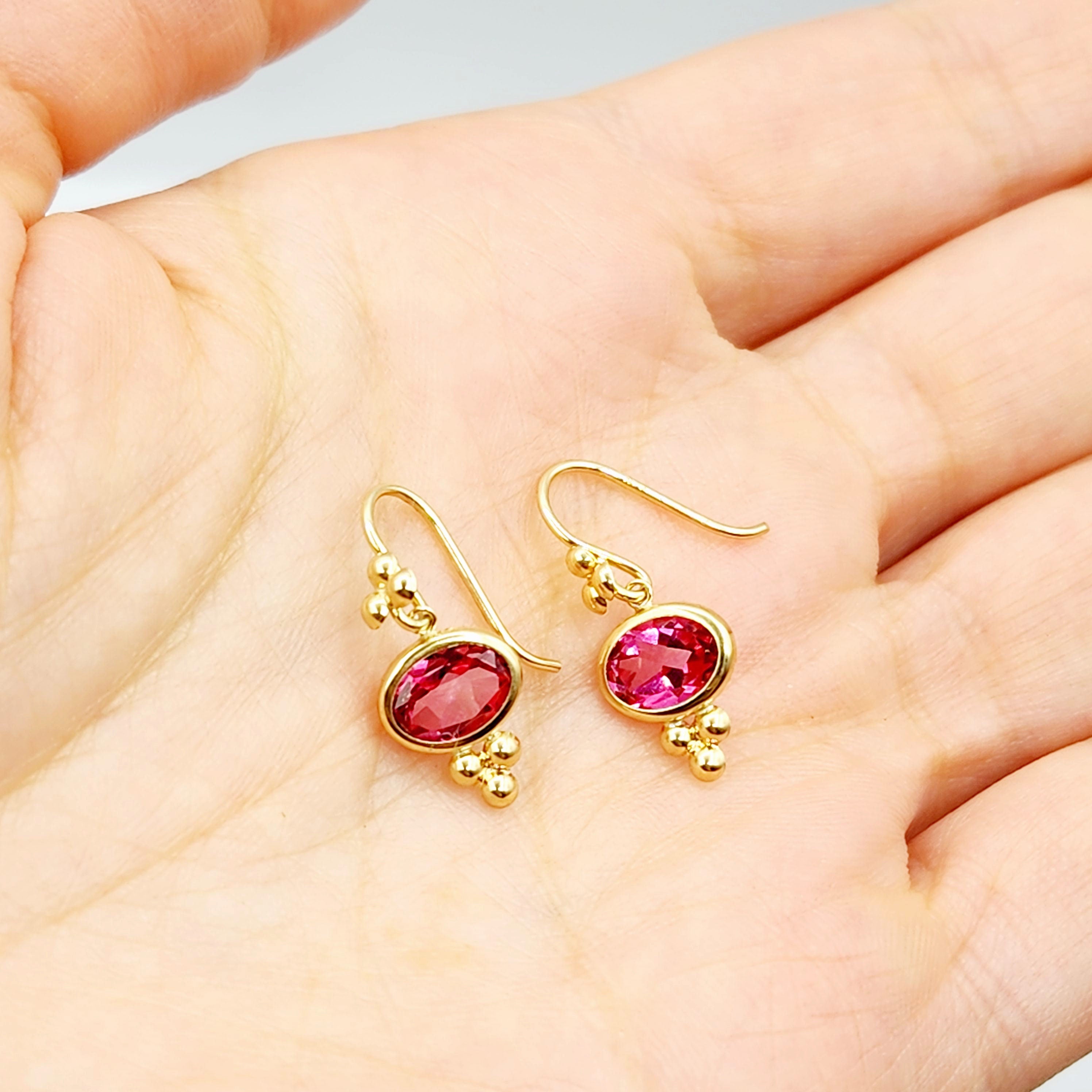14K Yellow Gold Pink Topaz Drop Wire Earrings, Dainty Drop & Dangle Natural Gemstone Earrings, Birthstone Gift Dangle Earrings for Women