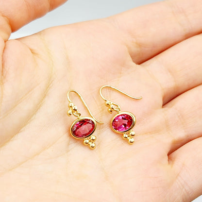 14K Yellow Gold Pink Topaz Drop Wire Earrings, Dainty Drop & Dangle Natural Gemstone Earrings, Birthstone Gift Dangle Earrings for Women
