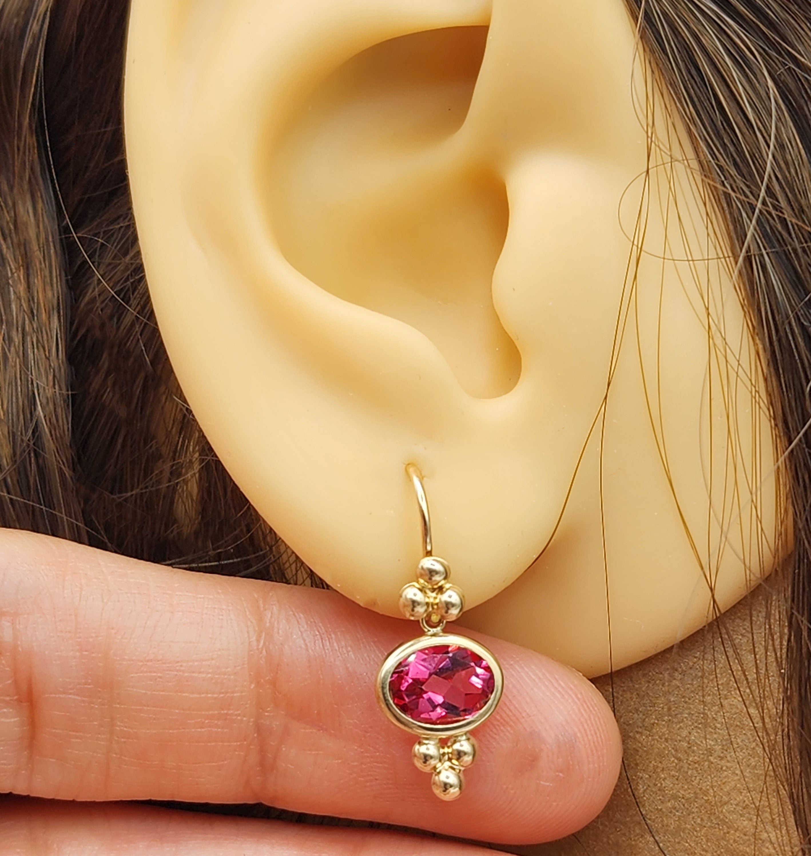 14K Yellow Gold Pink Topaz Drop Wire Earrings, Dainty Drop & Dangle Natural Gemstone Earrings, Birthstone Gift Dangle Earrings for Women