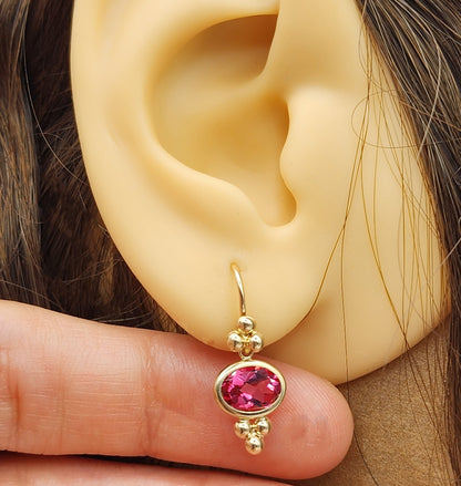 14K Yellow Gold Pink Topaz Drop Wire Earrings, Dainty Drop & Dangle Natural Gemstone Earrings, Birthstone Gift Dangle Earrings for Women