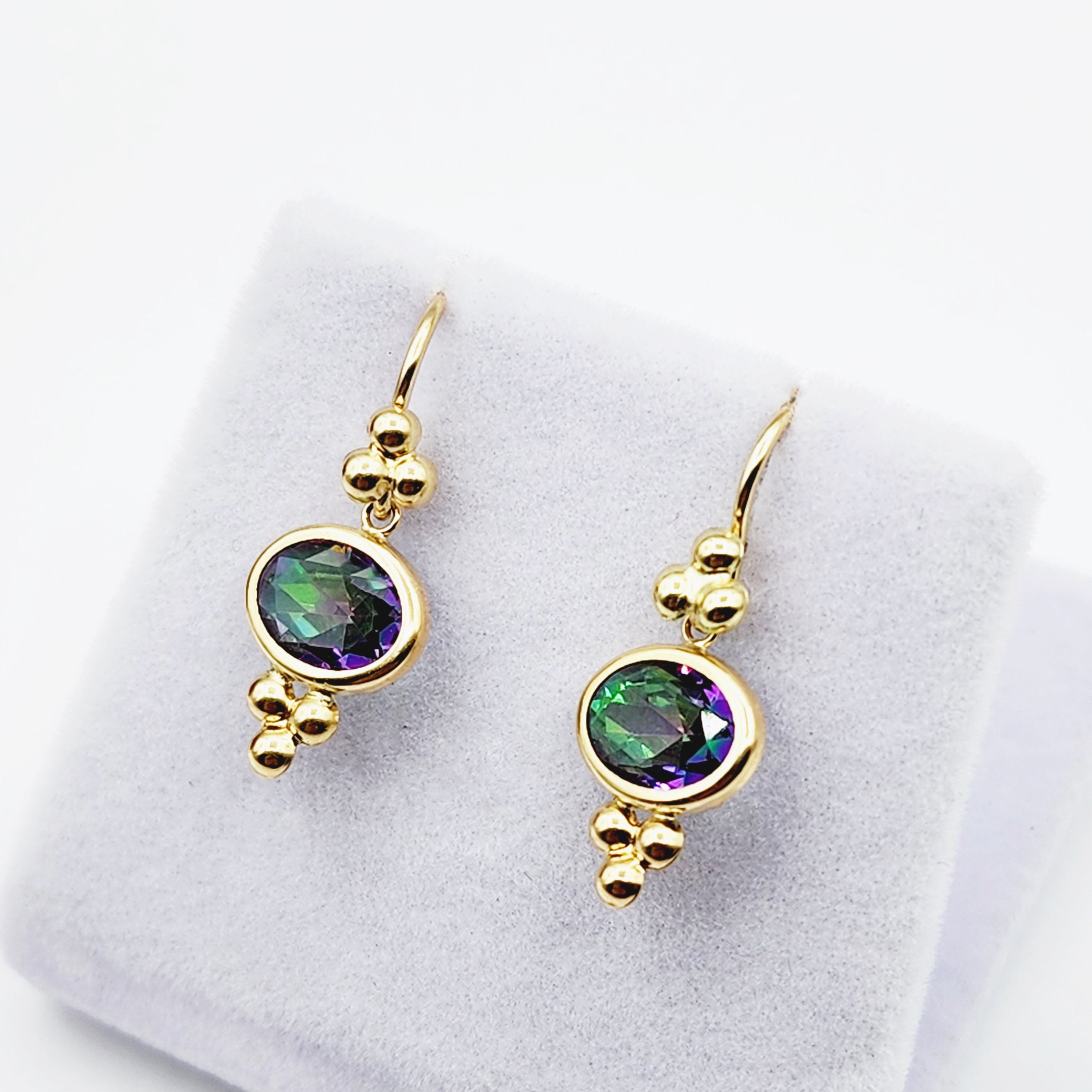 14K Yellow Gold Mystic Topaz Drop Earrings, Dainty Drop Dangle Natural Gemstone Earrings, June Birthstone Gift Dangle Earrings for Women