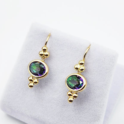 14K Yellow Gold Mystic Topaz Drop Earrings, Dainty Drop Dangle Natural Gemstone Earrings, June Birthstone Gift Dangle Earrings for Women