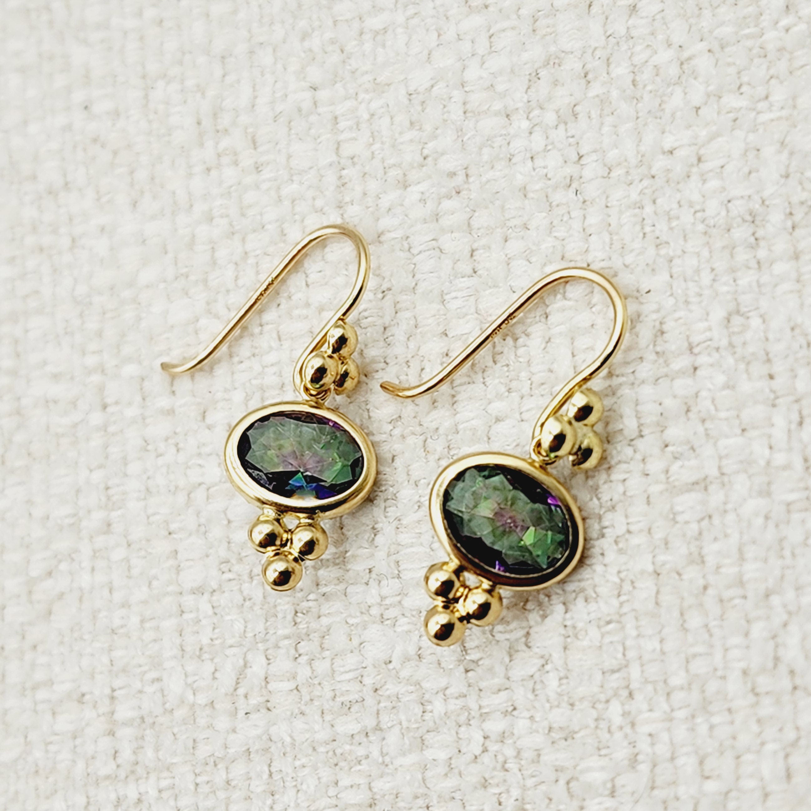 14K Yellow Gold Mystic Topaz Drop Earrings, Dainty Drop Dangle Natural Gemstone Earrings, June Birthstone Gift Dangle Earrings for Women