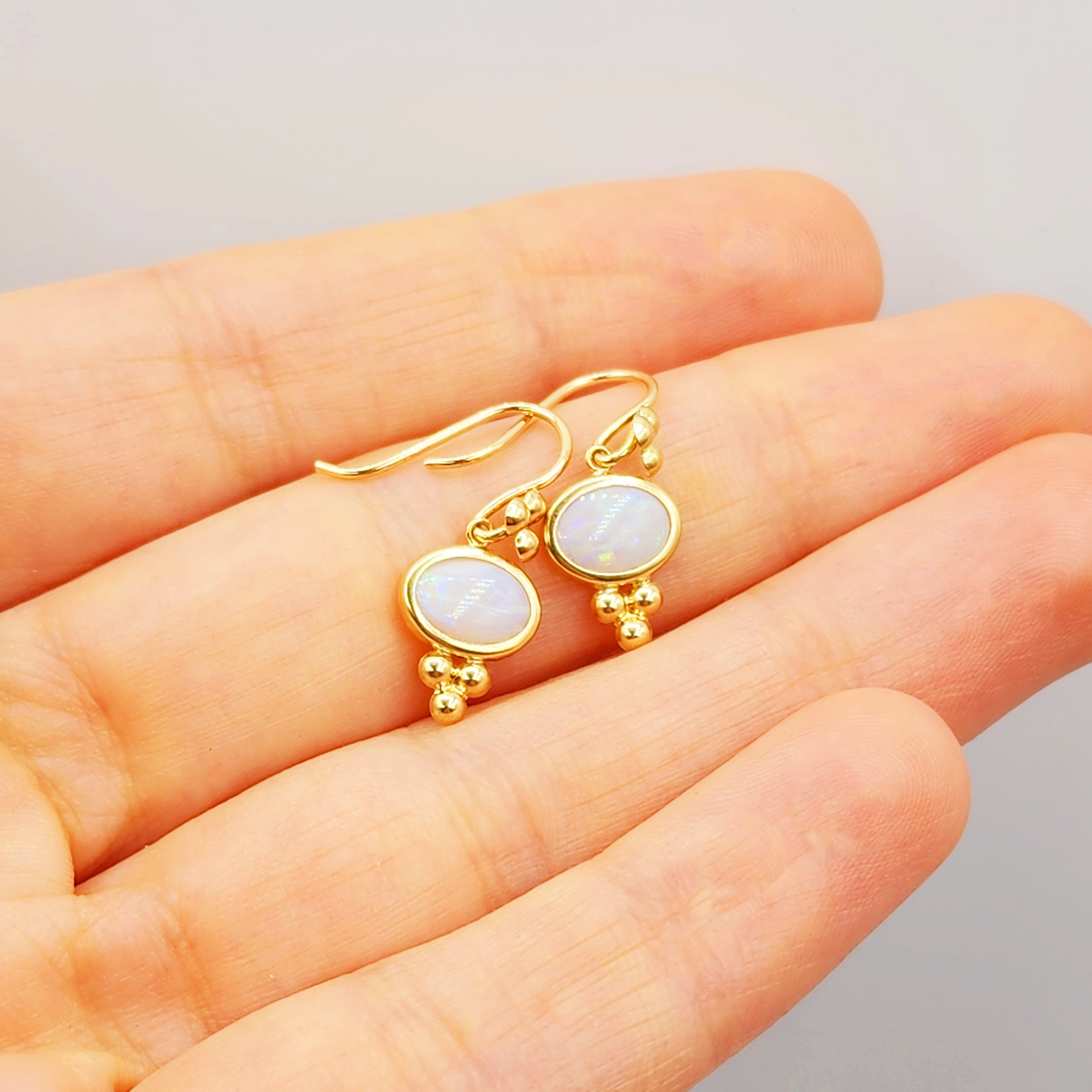 14K Yellow Gold Opal Drop Earrings, Dainty Drop Dangle Natural Gemstone Earrings, October Birthstone Gift Dangle Earrings for Women