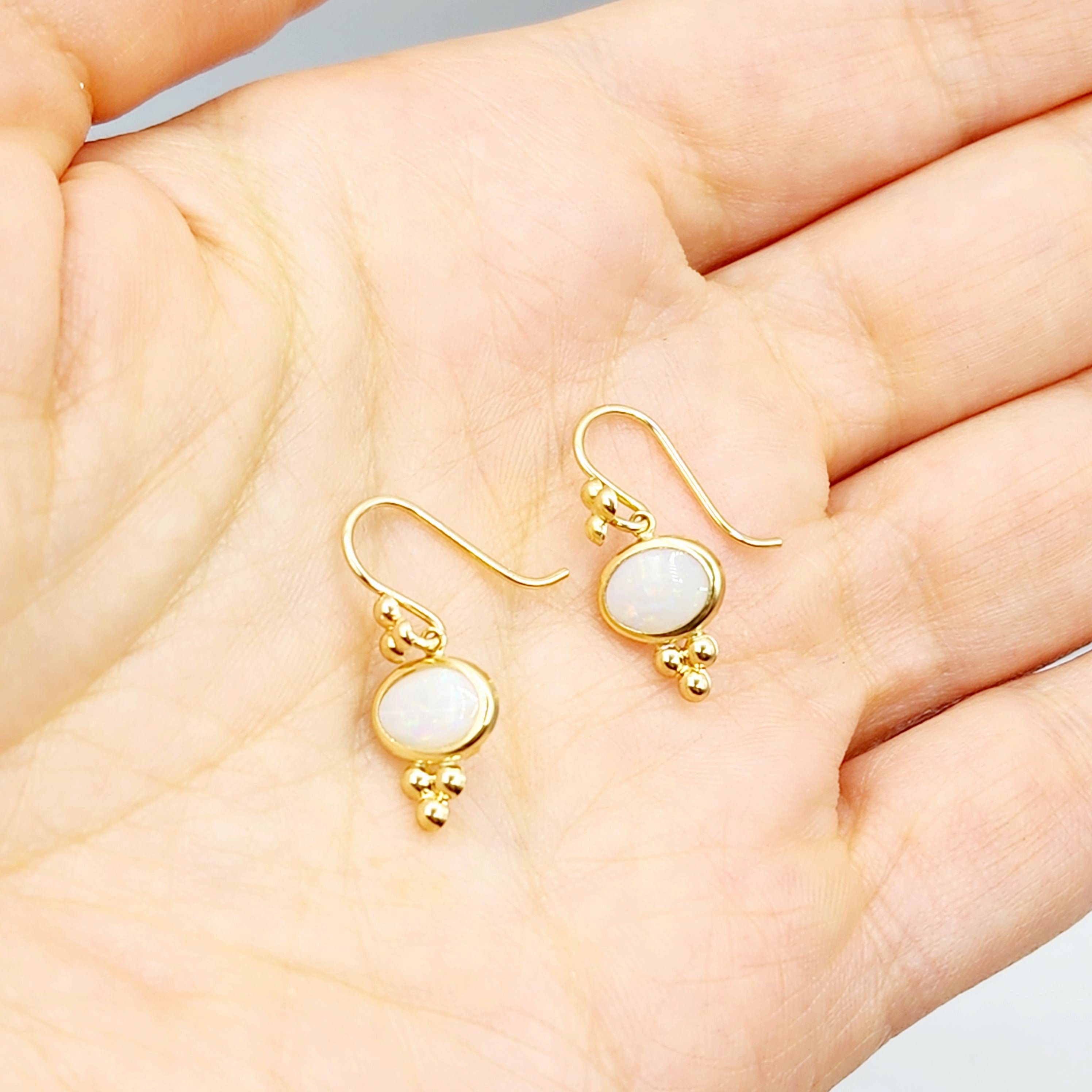 14K Yellow Gold Opal Drop Earrings, Dainty Drop Dangle Natural Gemstone Earrings, October Birthstone Gift Dangle Earrings for Women