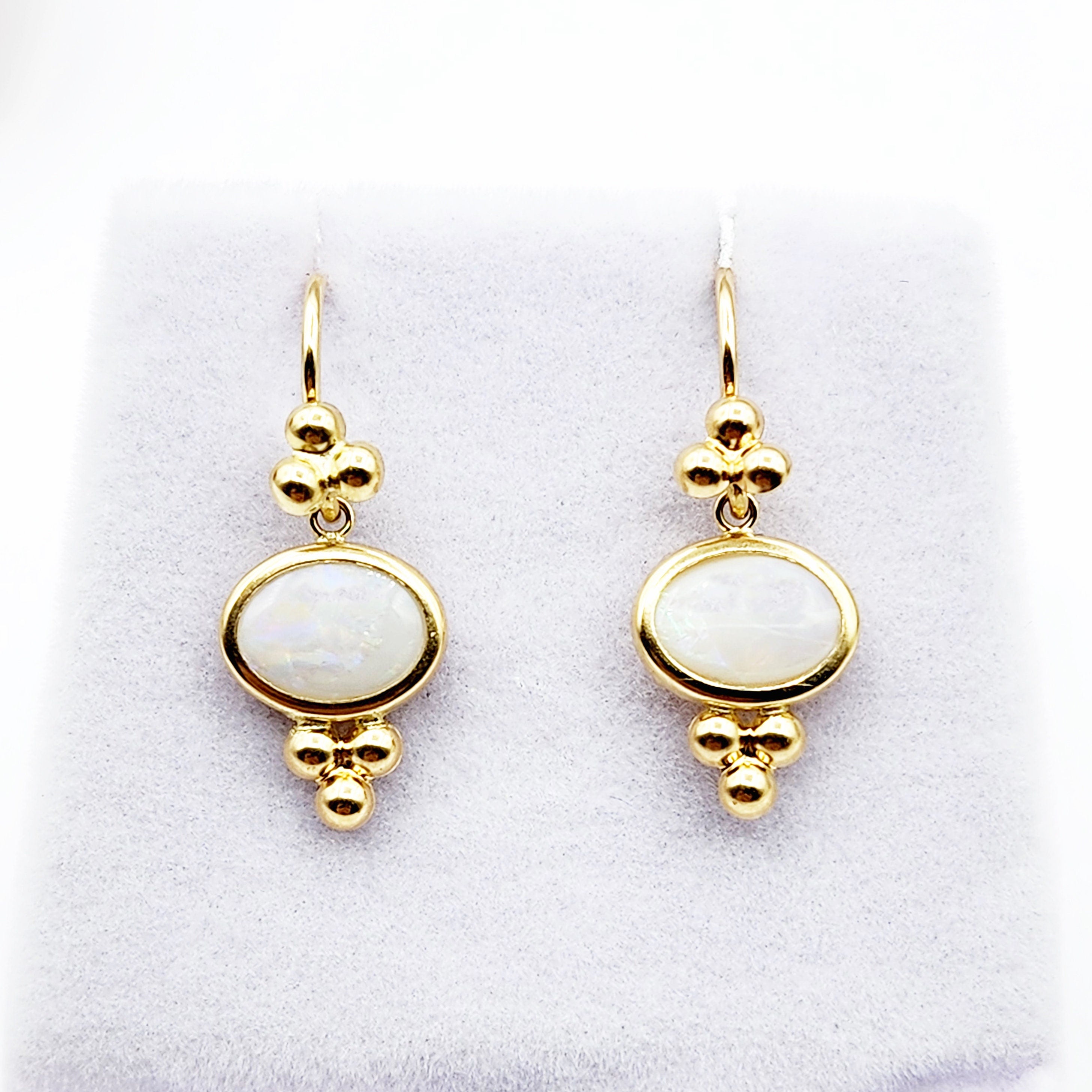 14K Yellow Gold Opal Drop Earrings, Dainty Drop Dangle Natural Gemstone Earrings, October Birthstone Gift Dangle Earrings for Women