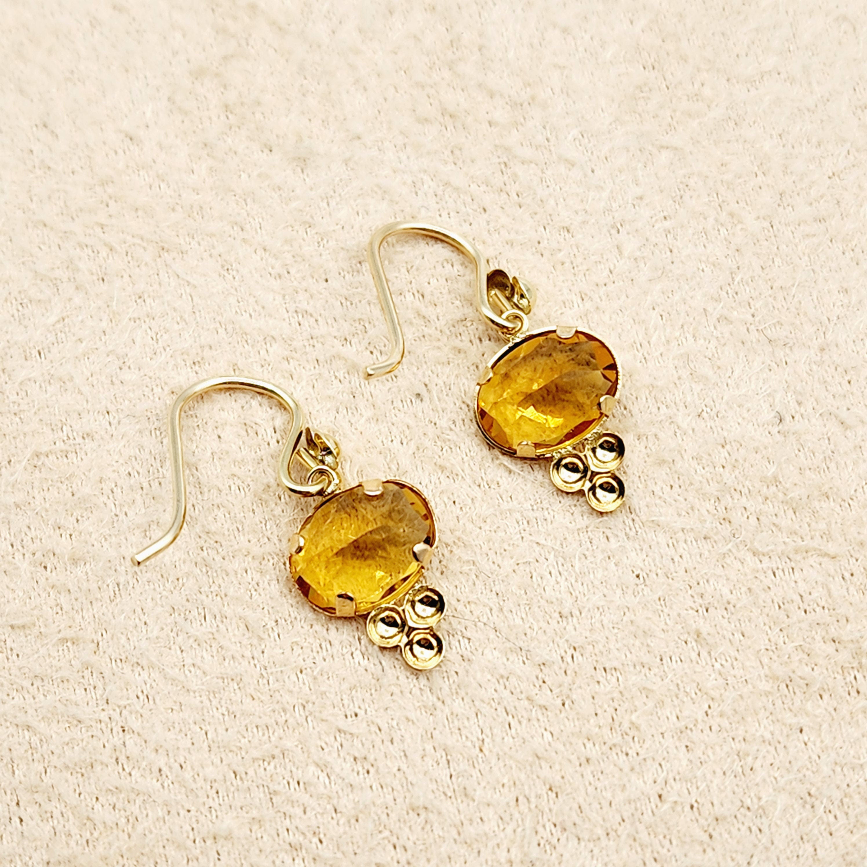 14K Yellow Gold Citrine Drop Earrings, Dainty Drop Dangle Natural Gemstone Earrings, November Birthstone Gift Dangle Earrings for Women