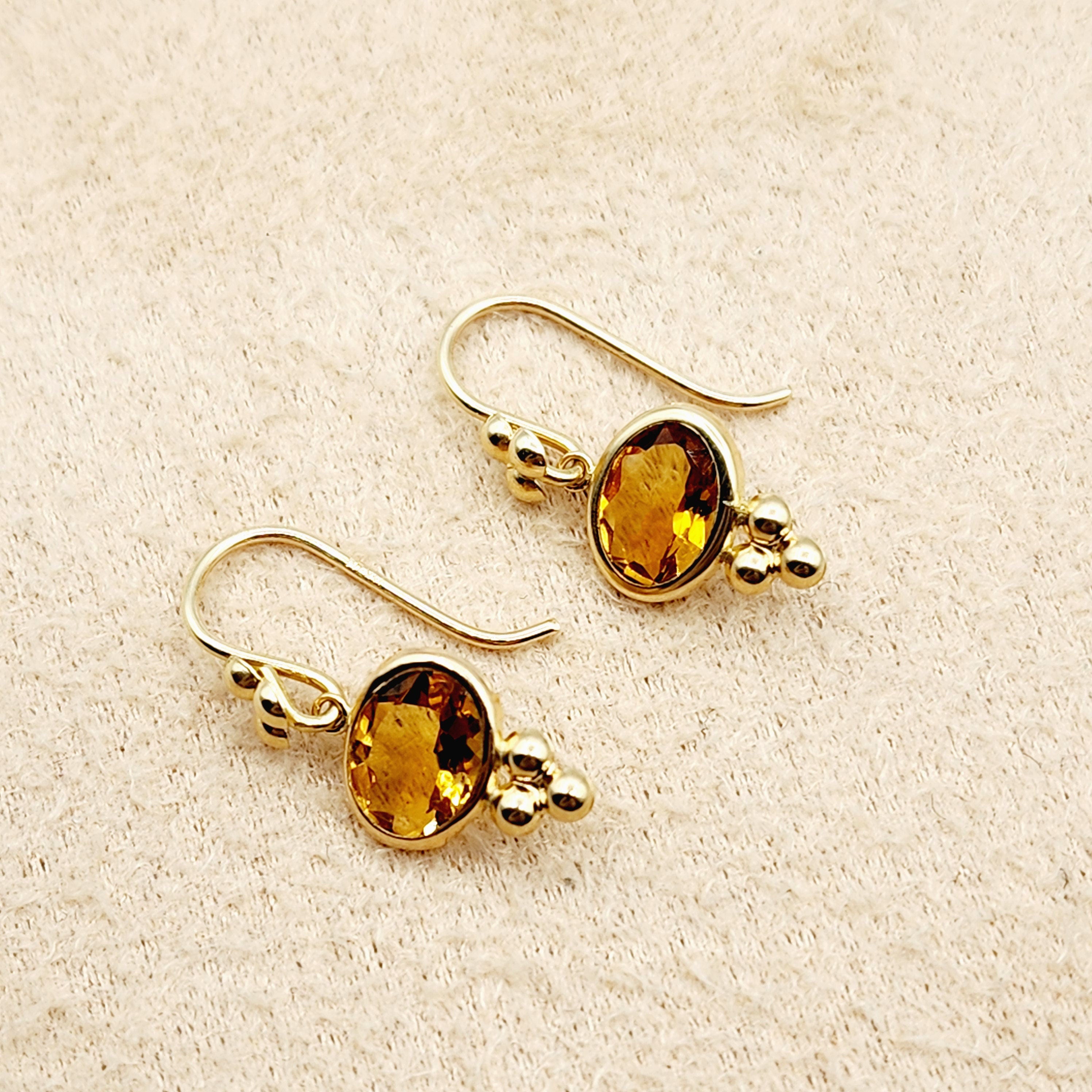14K Yellow Gold Citrine Drop Earrings, Dainty Drop Dangle Natural Gemstone Earrings, November Birthstone Gift Dangle Earrings for Women