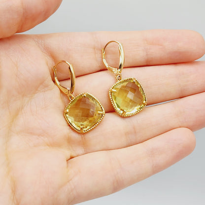 Gold Quartz Earrings, 10K Yellow Gold Lemon Quartz (12ct) Earrings, Gold Earrings For Her, Handmade Earrings, Big Gemstone Earrings
