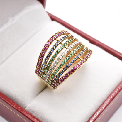 14K Gold Gemstones Ring, Diamond Ruby Sapphire Emerald Ring, 14K Yellow Gold Natural Gemstones Ring, Rings For Women