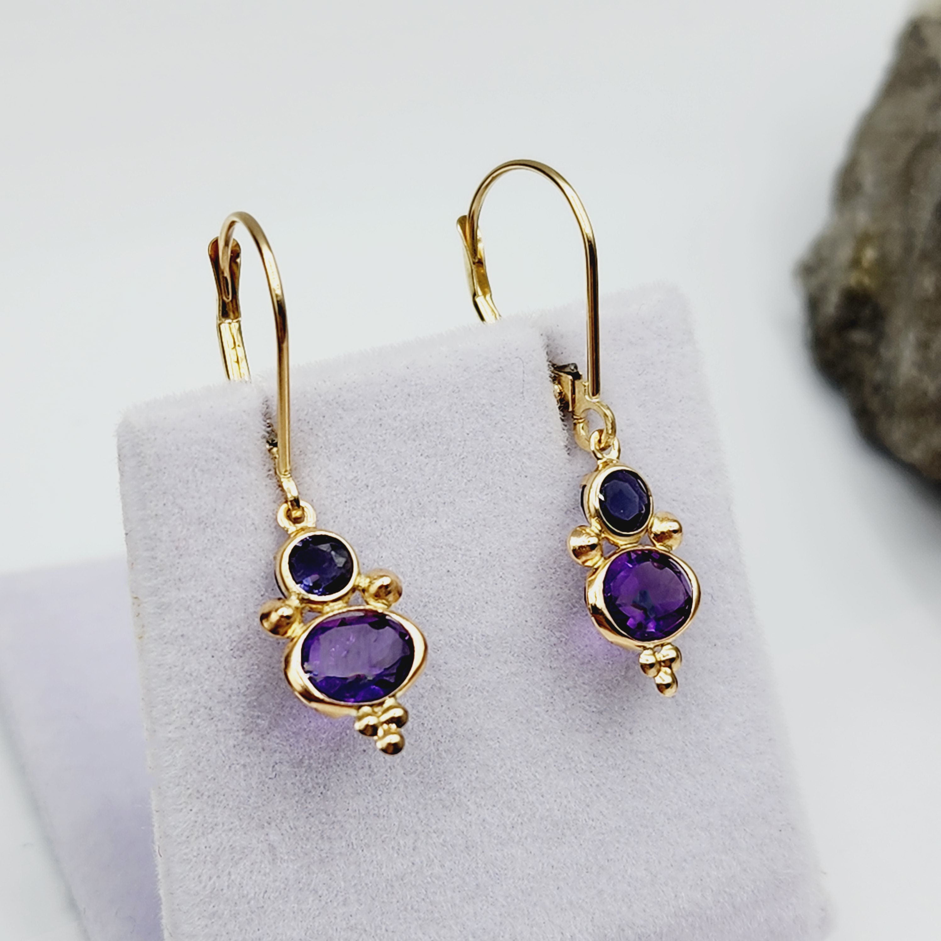 14K Yellow Gold Amethyst and Iolite Dangle Earrings