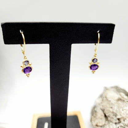 14K Yellow Gold Amethyst and Iolite Dangle Earrings