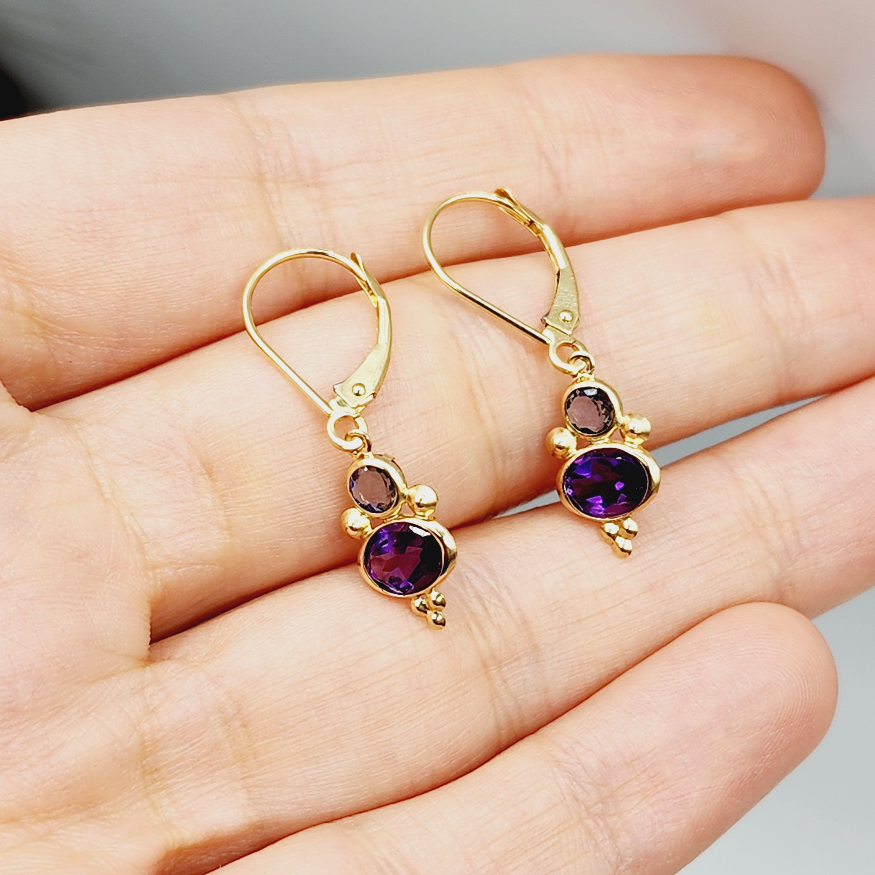 14K Yellow Gold Amethyst and Iolite Dangle Earrings