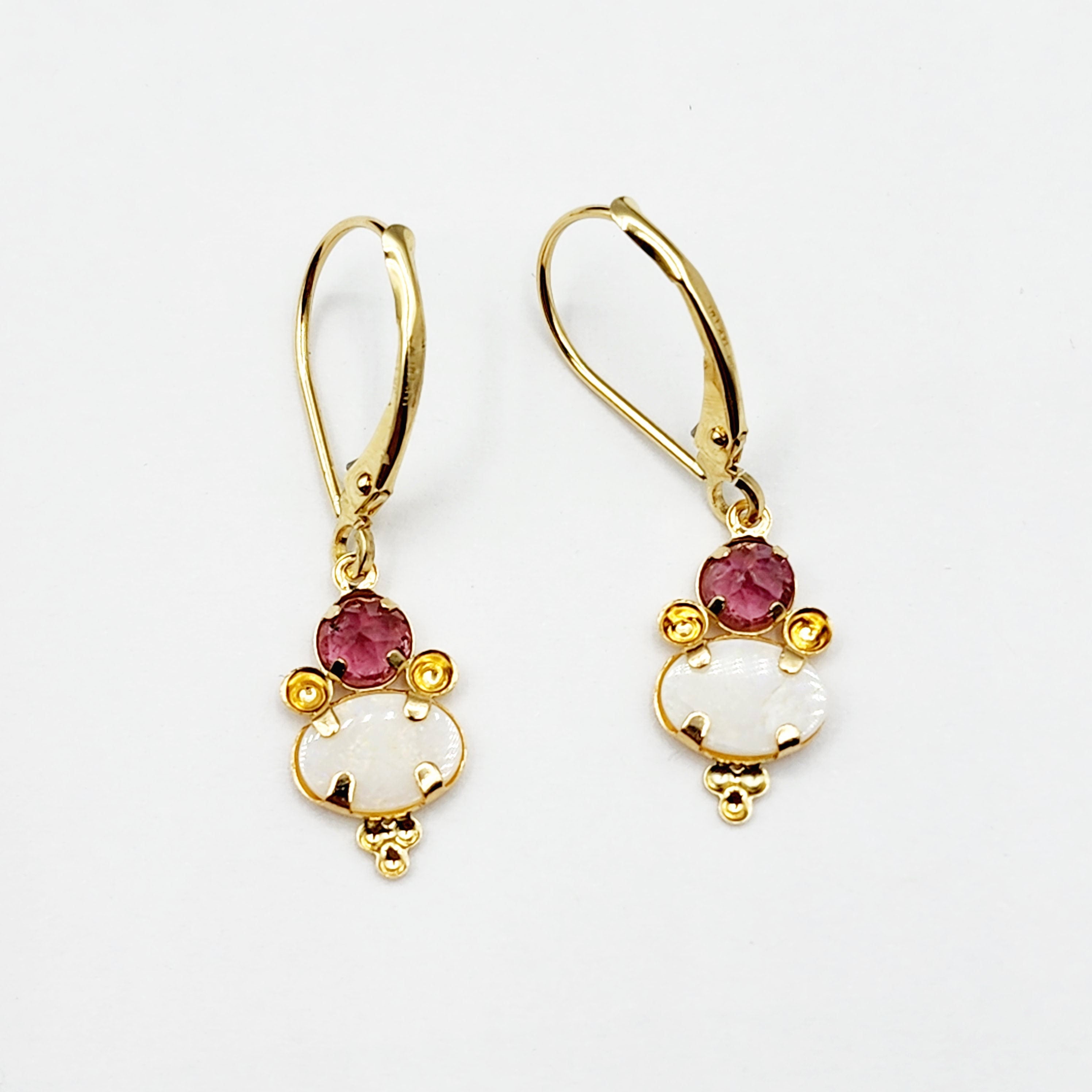 14K Gold Opal and Tourmaline Dangle Earrings, Handmade Lever Back Earrings