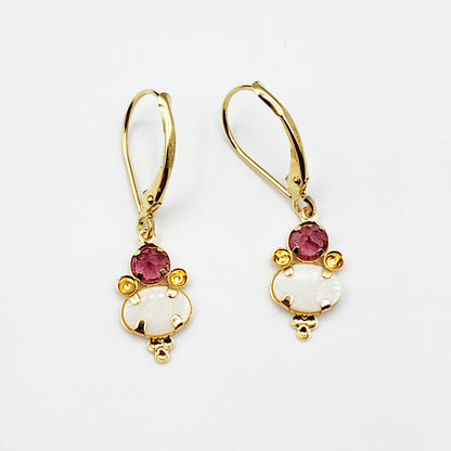 14K Gold Opal and Tourmaline Dangle Earrings, Handmade Lever Back Earrings