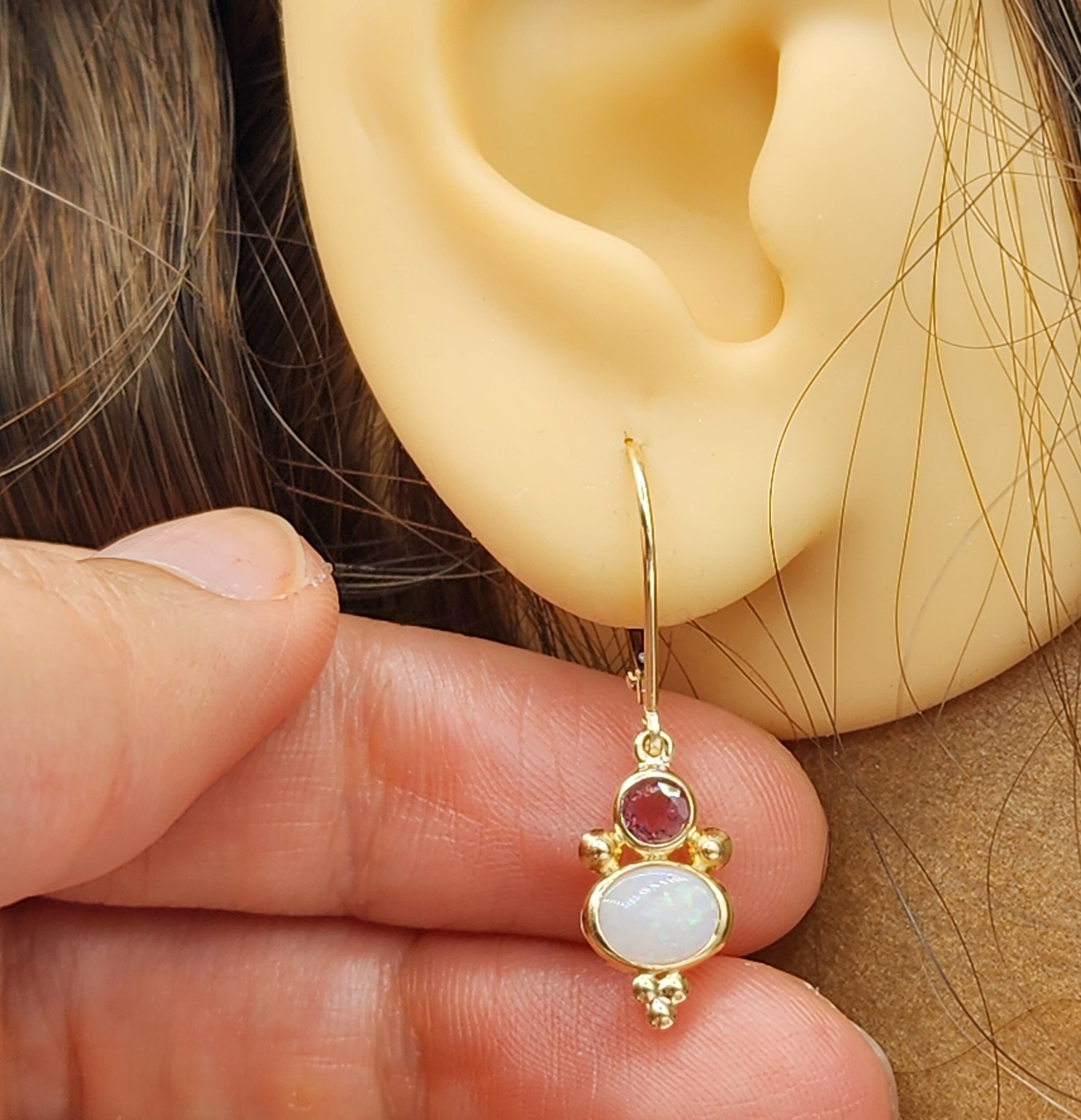 14K Gold Opal and Tourmaline Dangle Earrings, Handmade Lever Back Earrings