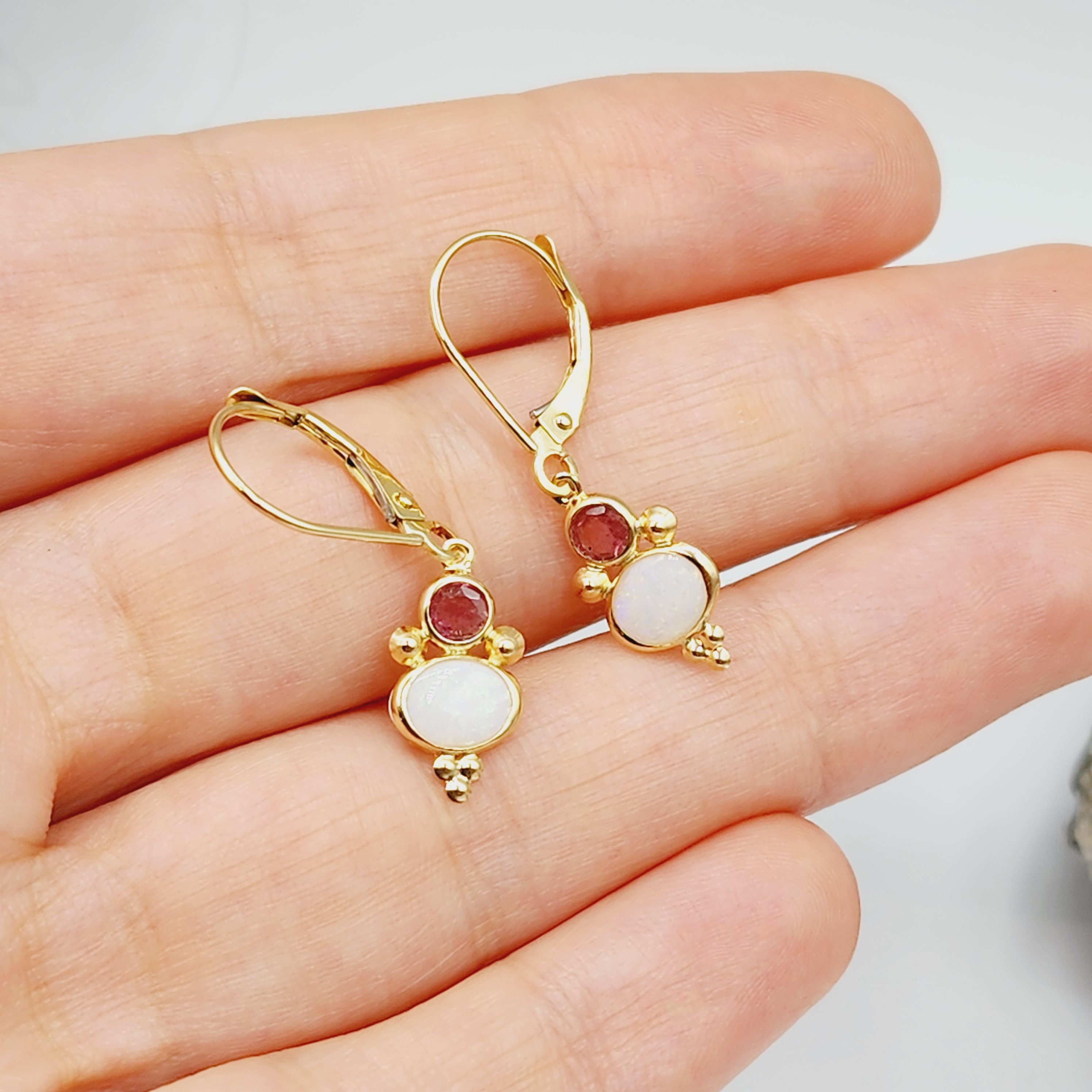14K Gold Opal and Tourmaline Dangle Earrings, Handmade Lever Back Earrings