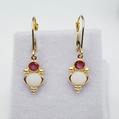 14K Gold Opal and Tourmaline Dangle Earrings, Handmade Lever Back Earrings