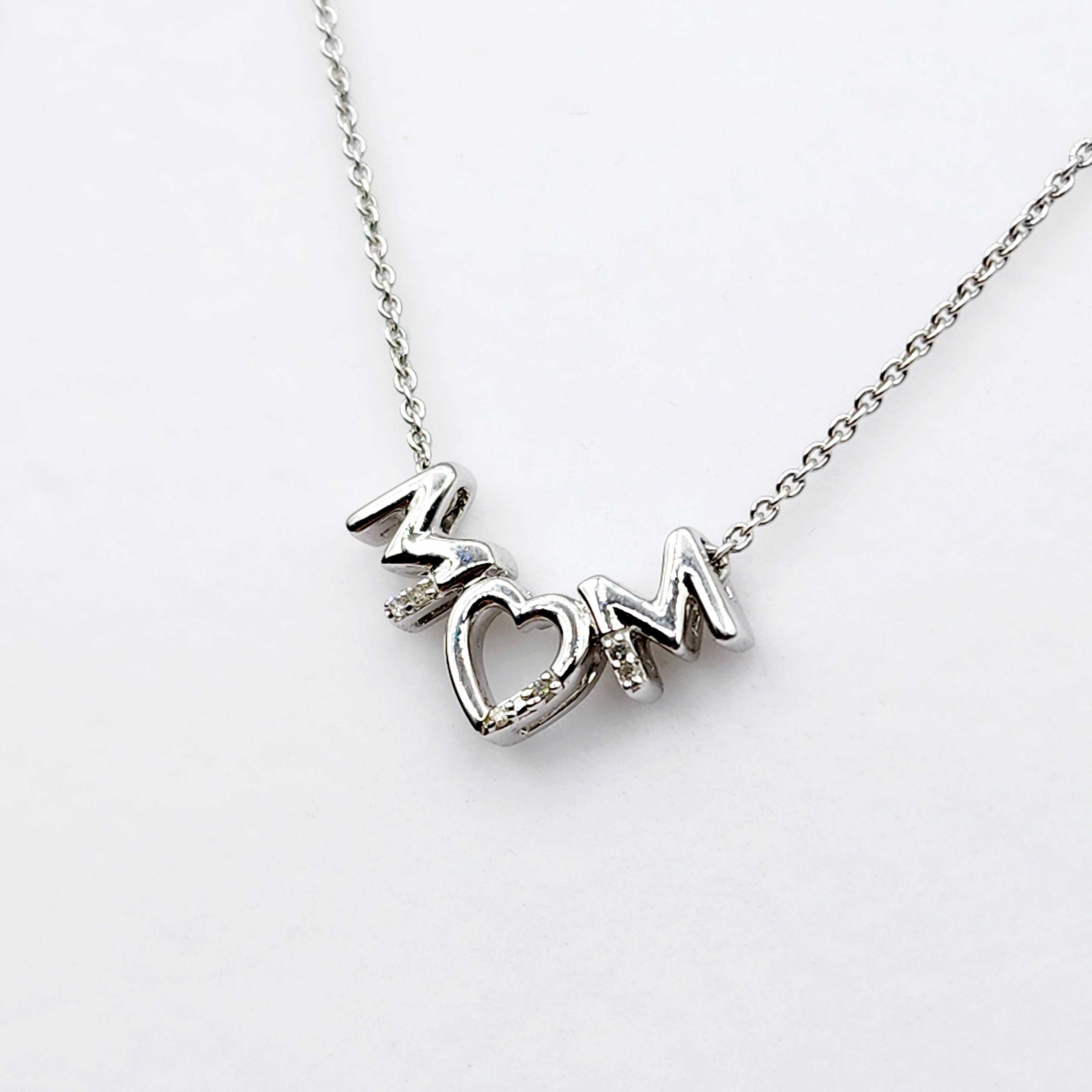 Silver Necklace for Mom, "Mom" Diamond Pendant Necklace, Natural Diamond Necklace for Women, Memorial Jewelry Present for Mothers Day Gift