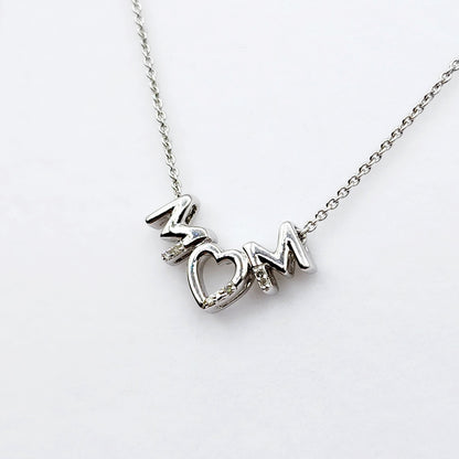 Silver Necklace for Mom, "Mom" Diamond Pendant Necklace, Natural Diamond Necklace for Women, Memorial Jewelry Present for Mothers Day Gift