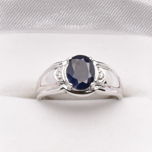 Gold Sapphire Ring, 10K White Gold Natural Blue Sapphire8x6mm with Diamond Ring for Women, September Birthstone, Birthday Gift for her