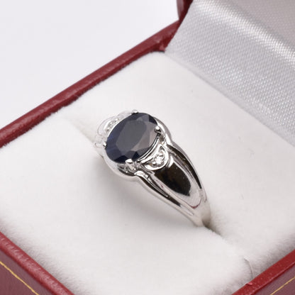 Gold Sapphire Ring, 10K White Gold Natural Blue Sapphire8x6mm with Diamond Ring for Women, September Birthstone, Birthday Gift for her