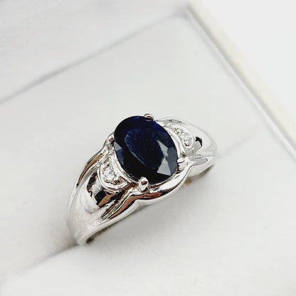 Gold Sapphire Ring, 10K White Gold Natural Blue Sapphire8x6mm with Diamond Ring for Women, September Birthstone, Birthday Gift for her