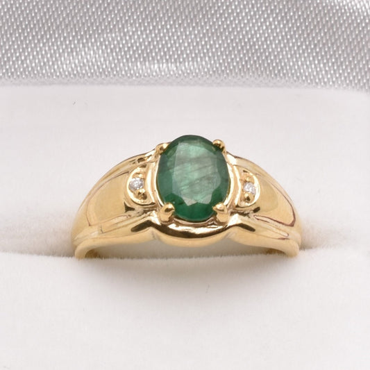 Gold Natural Emerald Ring, 10K Yellow Gold Emerald 8x6mm with Diamond Ring, May Birthstone, Rings For Women, Birthstone Ring, Green Gemstone