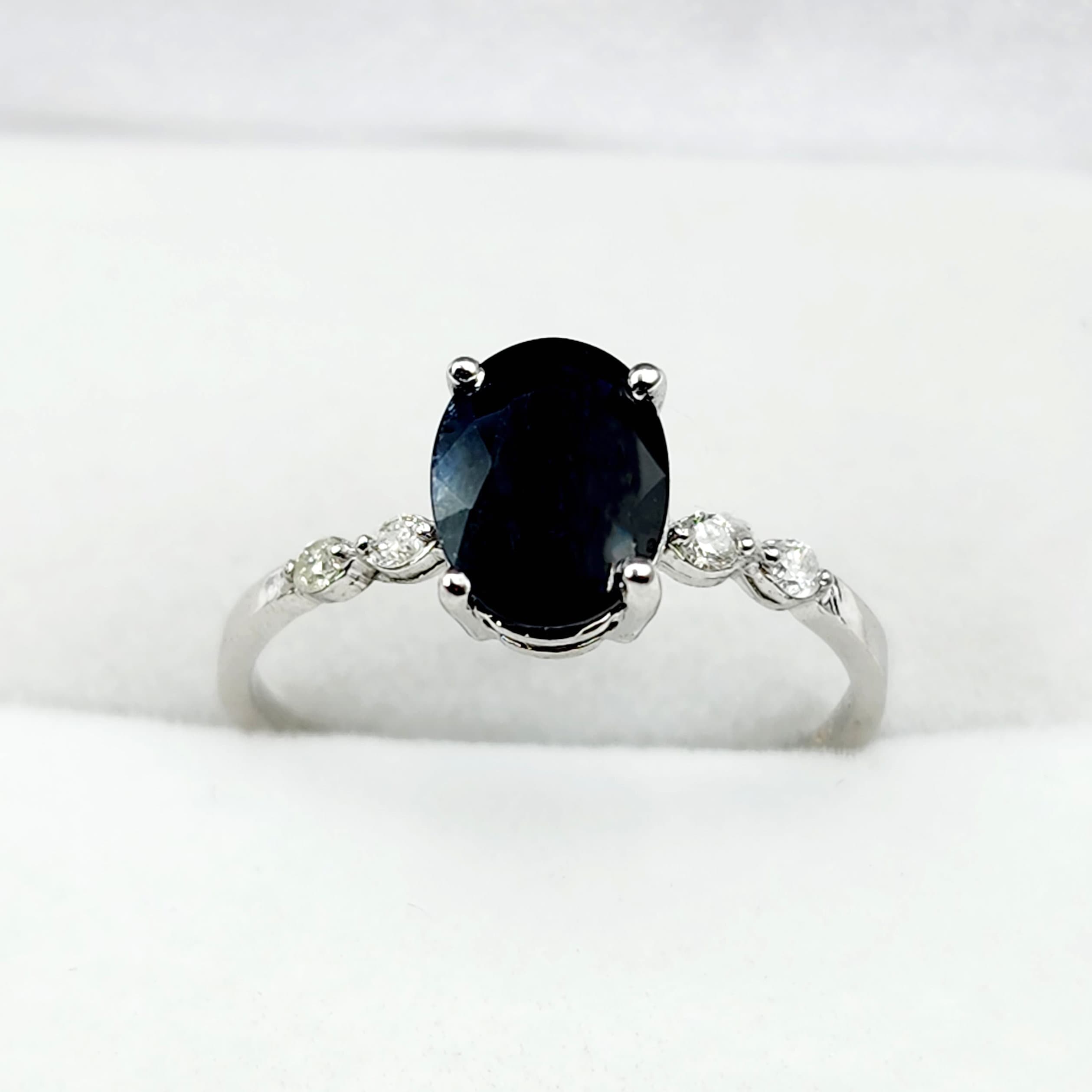 Gold Blue Sapphire Ring, 10K White Gold Natural Sapphire 8x6mm with Diamond Gemstone Women Rings, Engagement Rings, September Birthday Gift