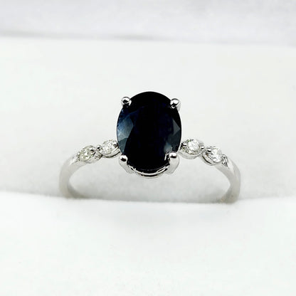 Gold Blue Sapphire Ring, 10K White Gold Natural Sapphire 8x6mm with Diamond Gemstone Women Rings, Engagement Rings, September Birthday Gift