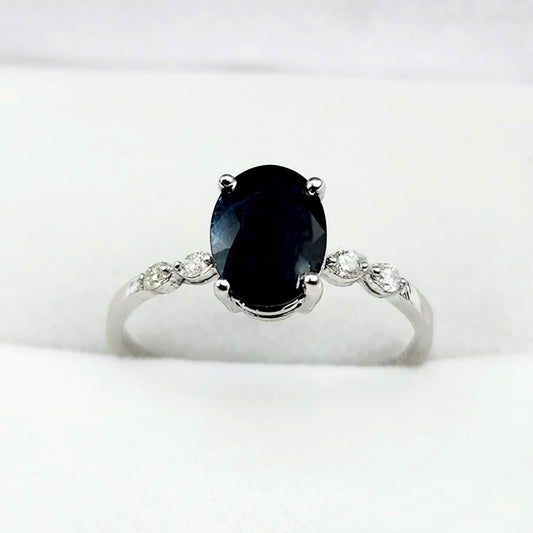 Gold Blue Sapphire Ring, 10K White Gold Natural Sapphire 8x6mm with Diamond Gemstone Women Rings, Engagement Rings, September Birthday Gift