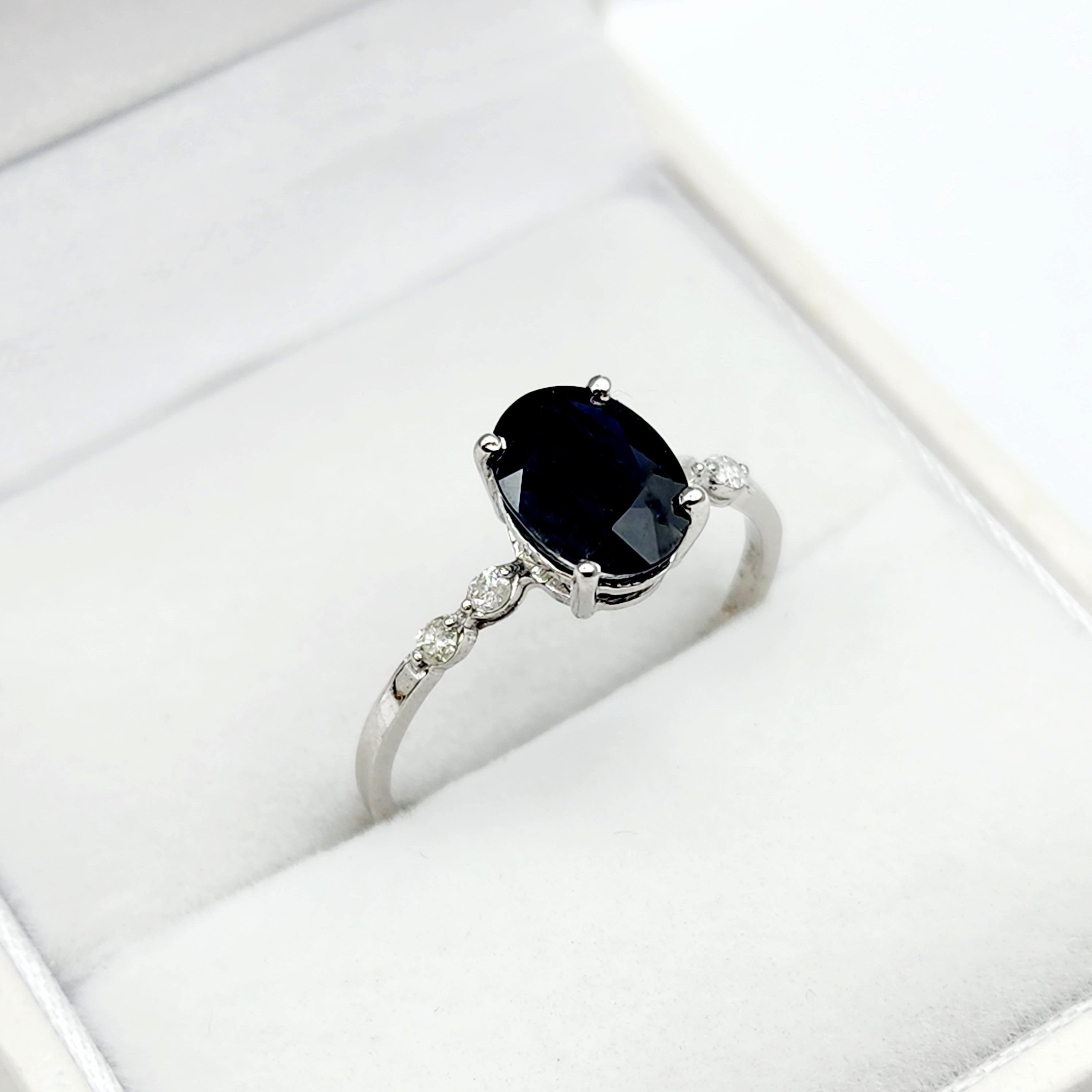 Gold Blue Sapphire Ring, 10K White Gold Natural Sapphire 8x6mm with Diamond Gemstone Women Rings, Engagement Rings, September Birthday Gift