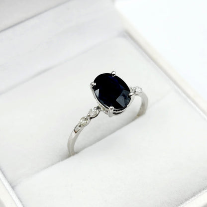 Gold Blue Sapphire Ring, 10K White Gold Natural Sapphire 8x6mm with Diamond Gemstone Women Rings, Engagement Rings, September Birthday Gift