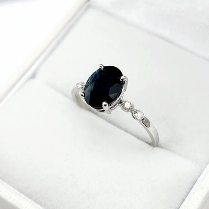 Gold Blue Sapphire Ring, 10K White Gold Natural Sapphire 8x6mm with Diamond Gemstone Women Rings, Engagement Rings, September Birthday Gift