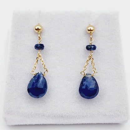 Gold Natural Blue Sapphire Earrings, 14K Yellow Gold Natural Blue Sapphire 3cts Drop Earrings for Women, September Birthstone Gift Idea