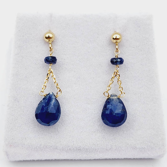 Gold Natural Blue Sapphire Earrings, 14K Yellow Gold Natural Blue Sapphire 3cts Drop Earrings for Women, September Birthstone Gift Idea