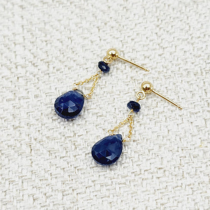 Gold Natural Blue Sapphire Earrings, 14K Yellow Gold Natural Blue Sapphire 3cts Drop Earrings for Women, September Birthstone Gift Idea
