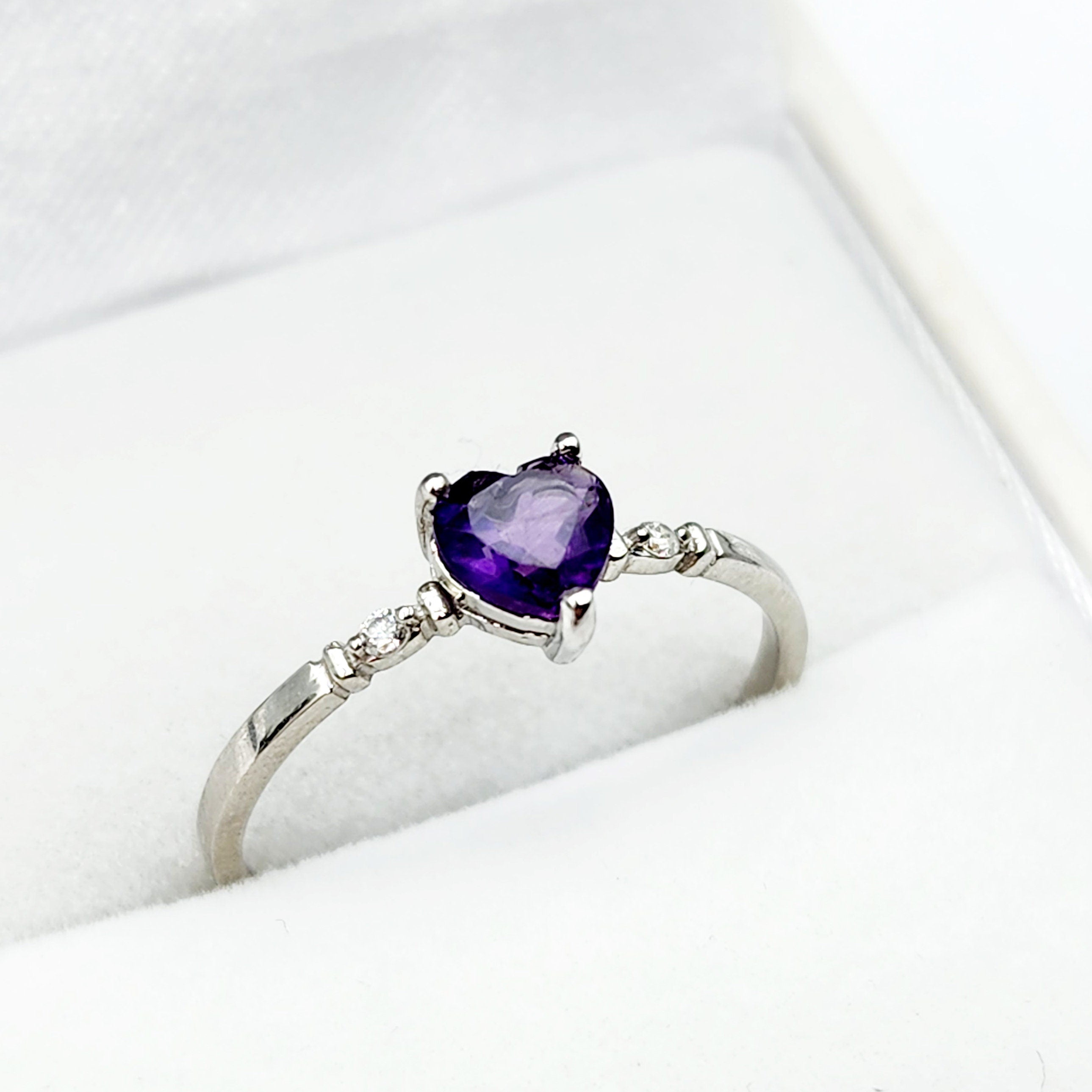 Gold Amethyst Ring, 10K White Gold Genuine Heart Shape Amethyst 5x5mm and Diamond Ring, February Birthstone, Purple Gemstone, Handmade Ring