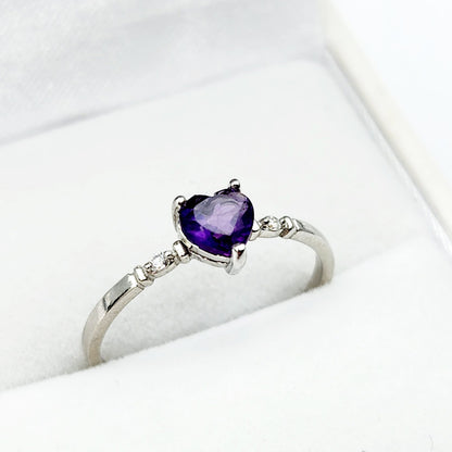 Gold Amethyst Ring, 10K White Gold Genuine Heart Shape Amethyst 5x5mm and Diamond Ring, February Birthstone, Purple Gemstone, Handmade Ring