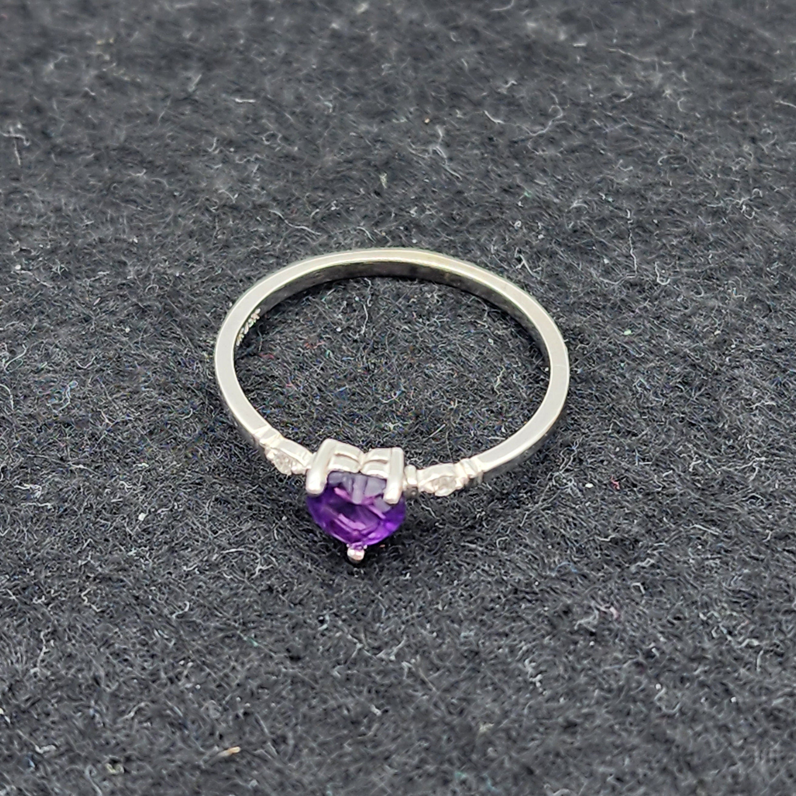 Gold Amethyst Ring, 10K White Gold Genuine Heart Shape Amethyst 5x5mm and Diamond Ring, February Birthstone, Purple Gemstone, Handmade Ring