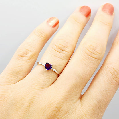 Gold Amethyst Ring, 10K White Gold Genuine Heart Shape Amethyst 5x5mm and Diamond Ring, February Birthstone, Purple Gemstone, Handmade Ring